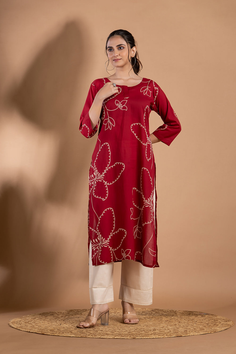 Dark Red Abstract Floral Print Kurta