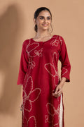 Dark Red Abstract Floral Print Kurta