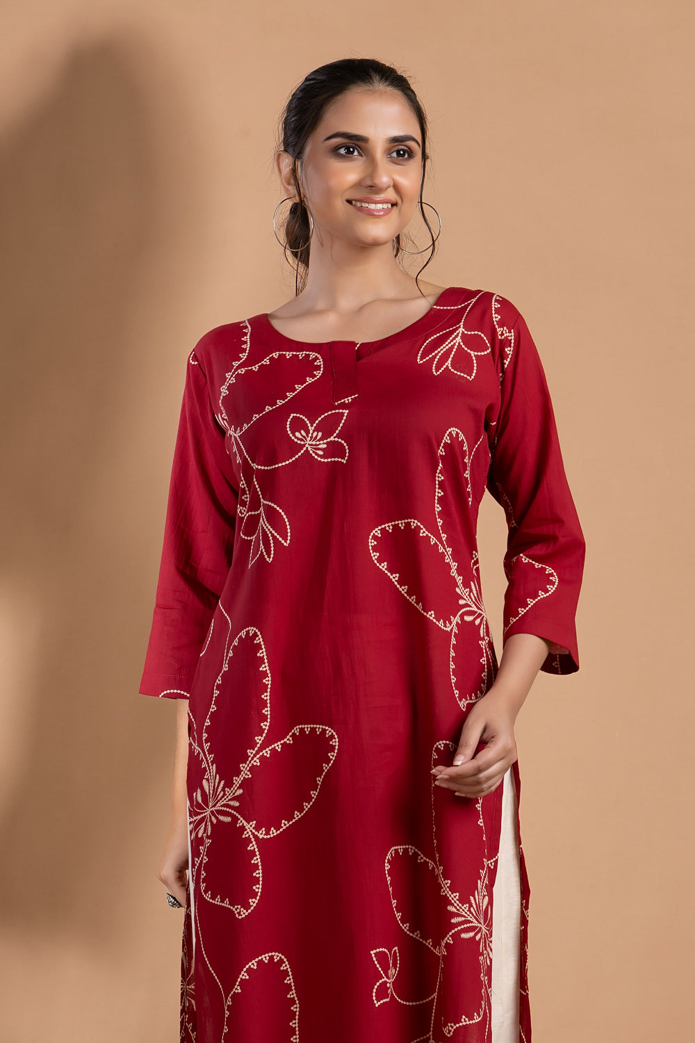 Dark Red Abstract Floral Print Kurta