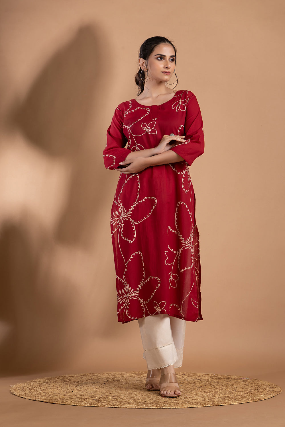 Dark Red Abstract Floral Print Kurta