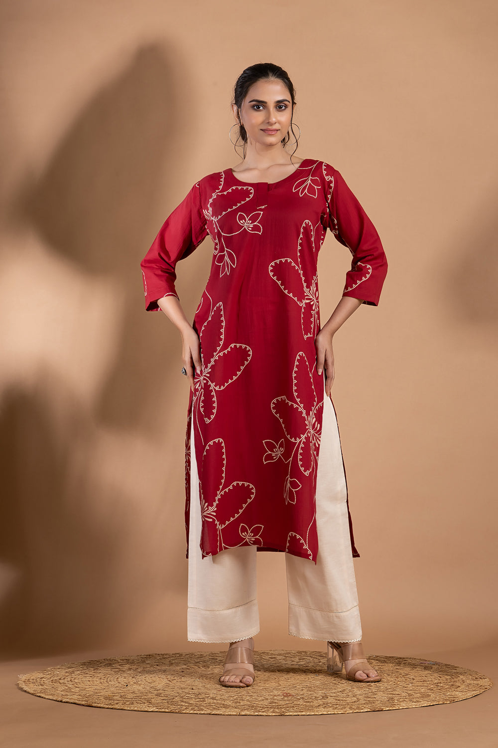 Dark Red Abstract Floral Print Kurta