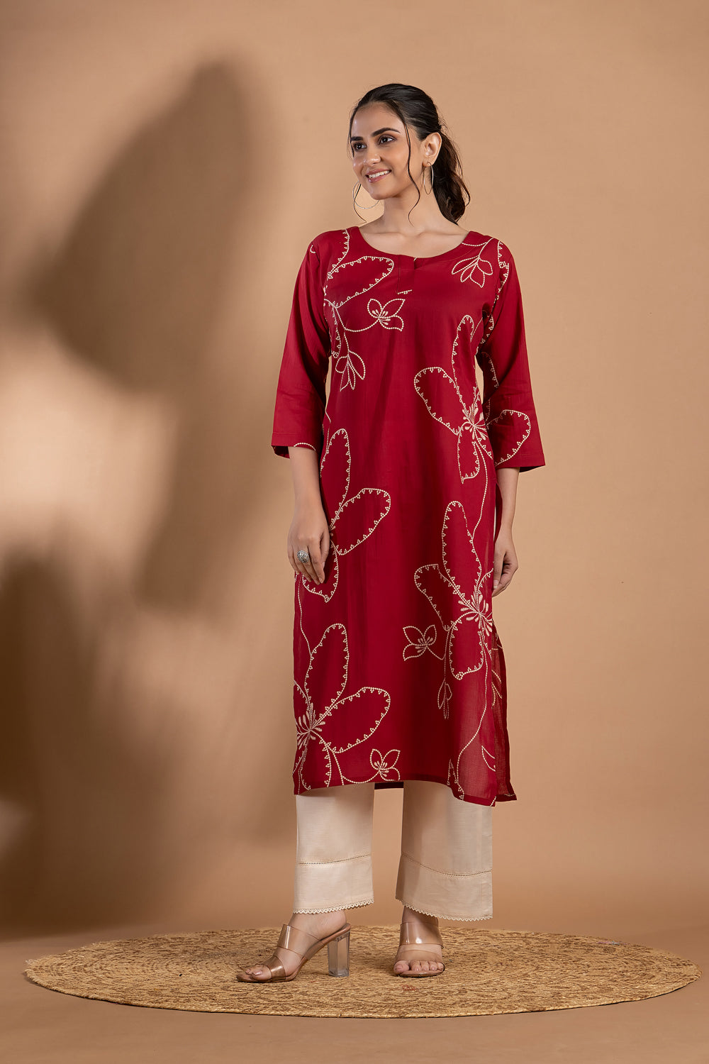 Dark Red Abstract Floral Print Kurta