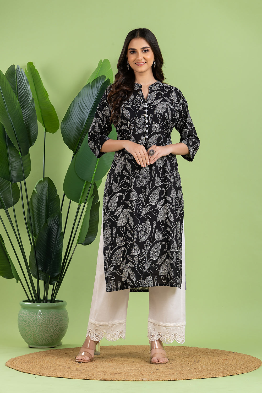 Black Floral Paisley Print Kurta