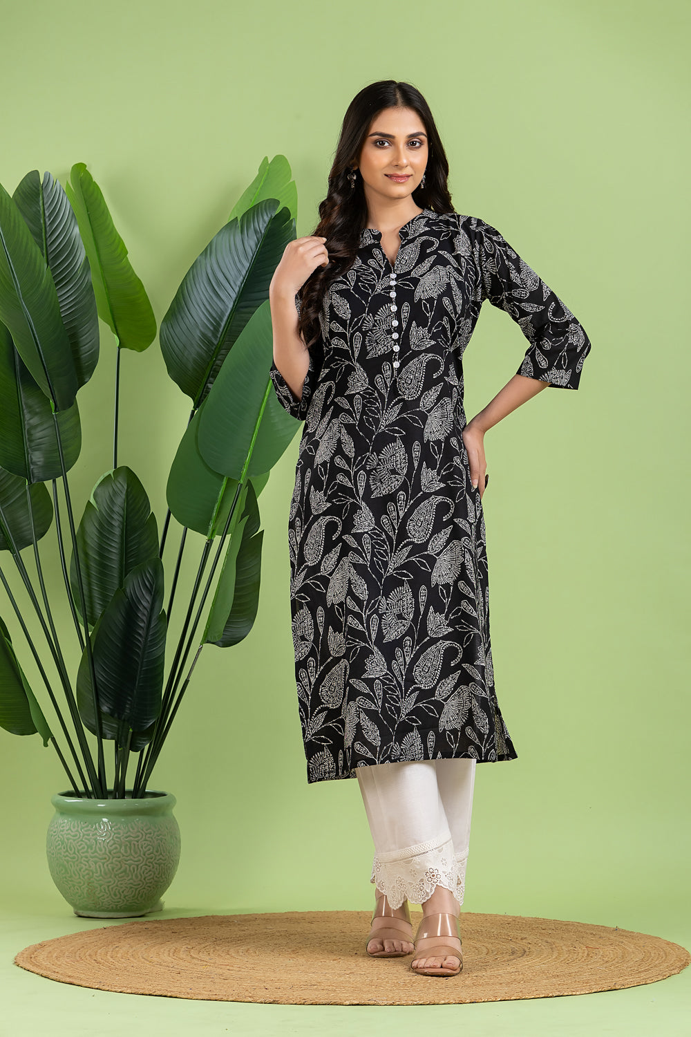 Black Floral Paisley Print Kurta