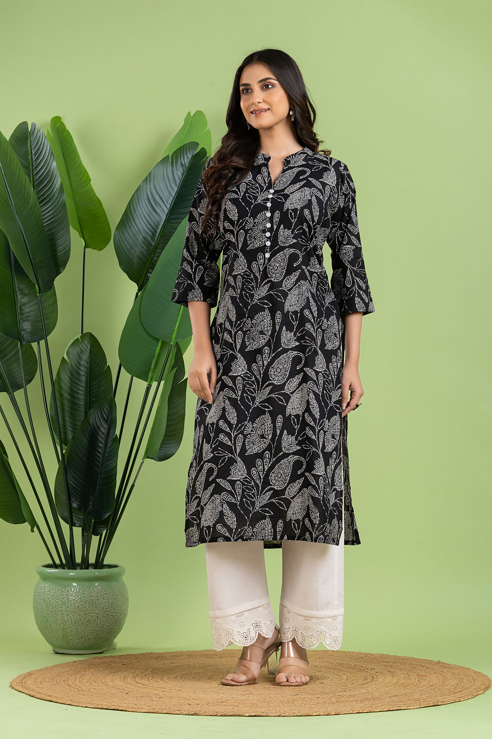 Black Floral Paisley Print Kurta