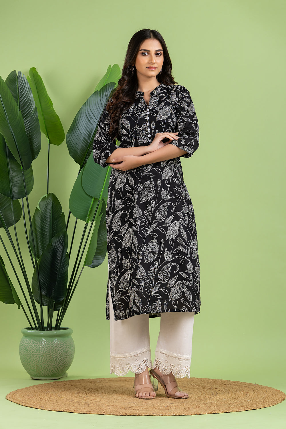 Black Floral Paisley Print Kurta