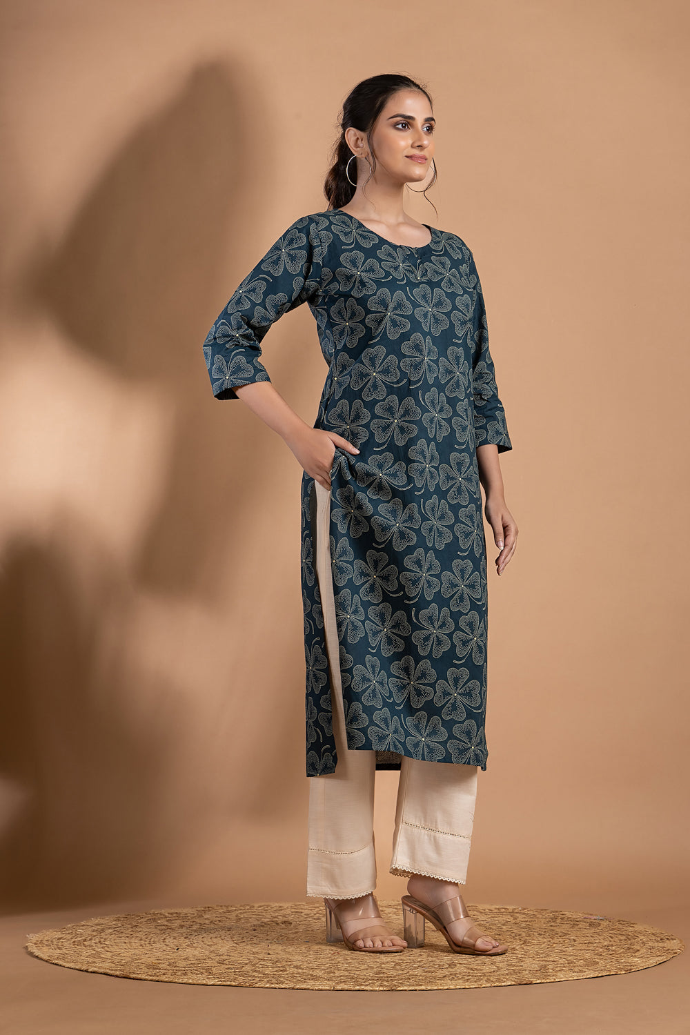 Teal Blue Clover Leaf Print Kurta