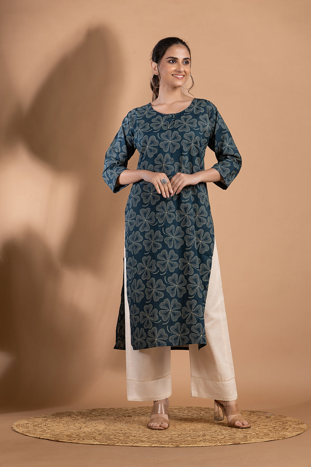 Teal Blue Clover Leaf Print Kurta