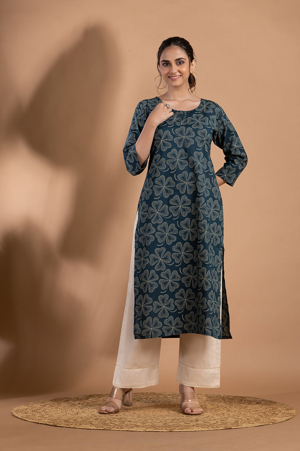 Teal Blue Clover Leaf Print Kurta