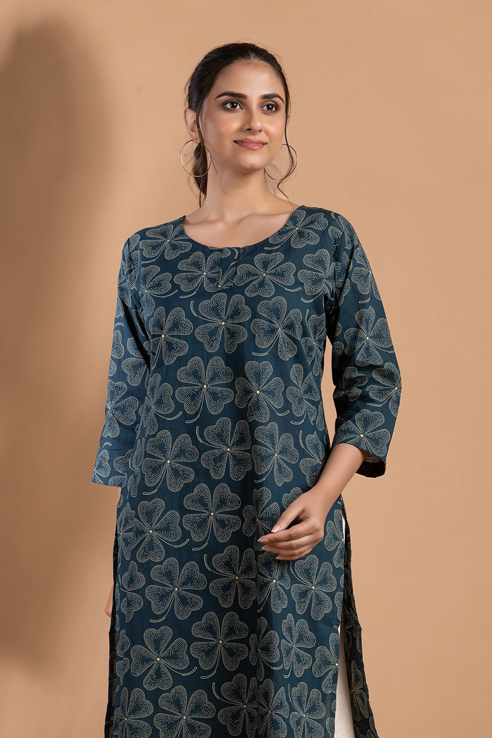 Teal Blue Clover Leaf Print Kurta