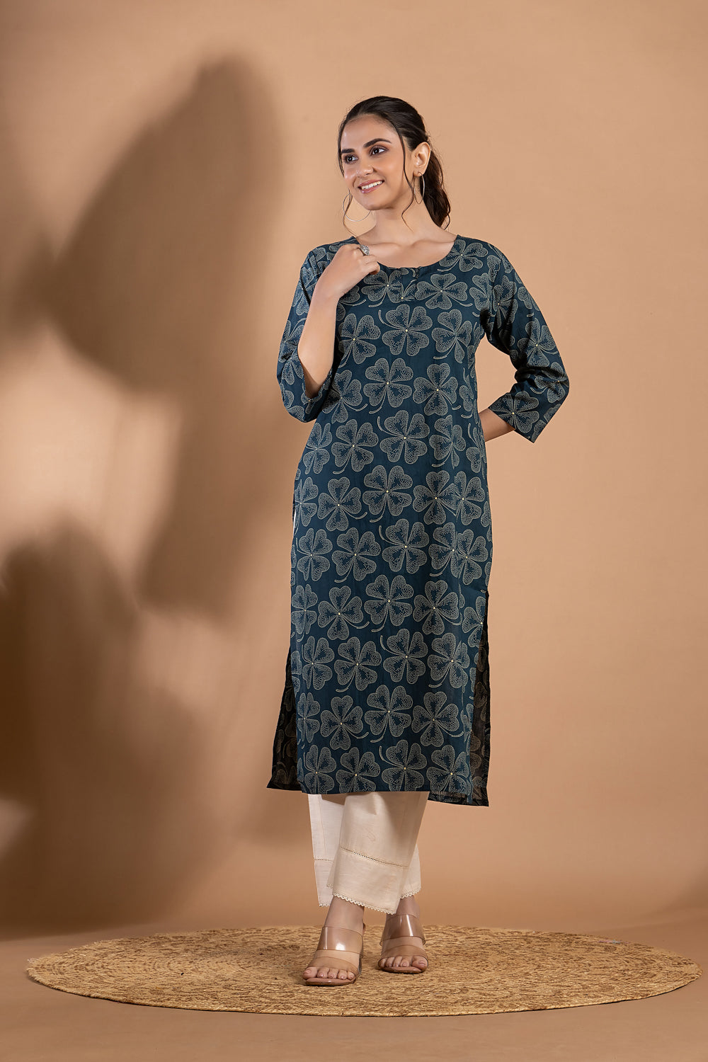 Teal Blue Clover Leaf Print Kurta