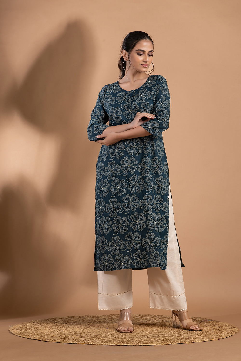 Teal Blue Clover Leaf Print Kurta