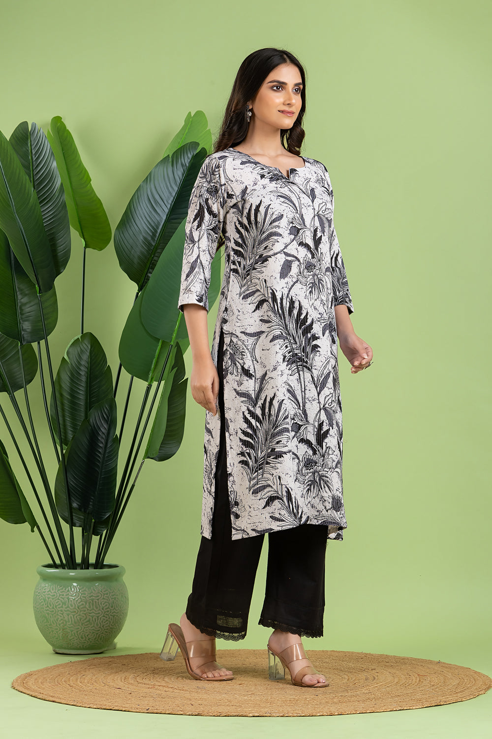 Black & White Leaf Print Threadwork Kurta