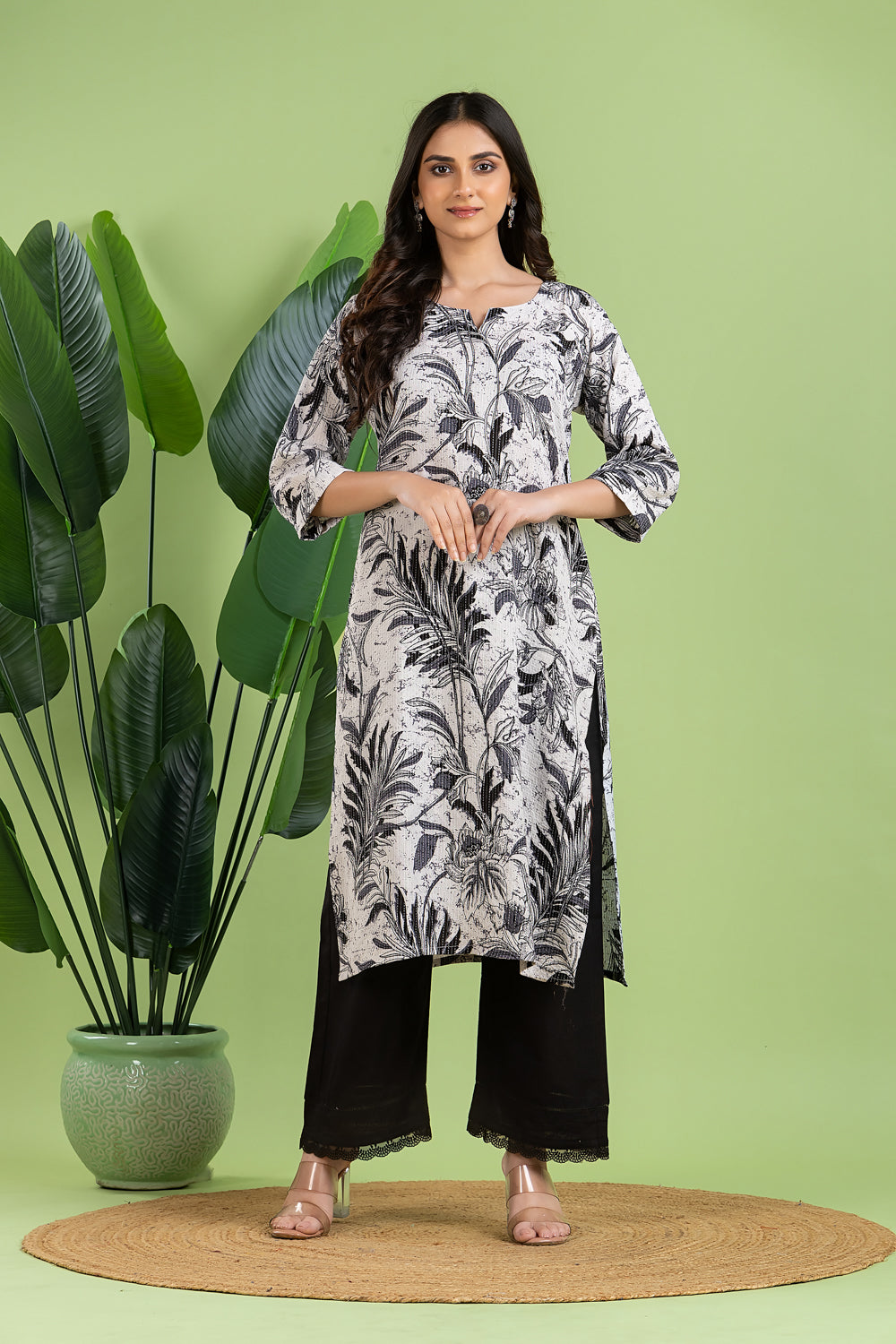 Black & White Leaf Print Threadwork Kurta
