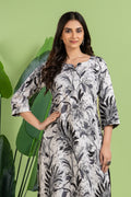 Black & White Leaf Print Threadwork Kurta