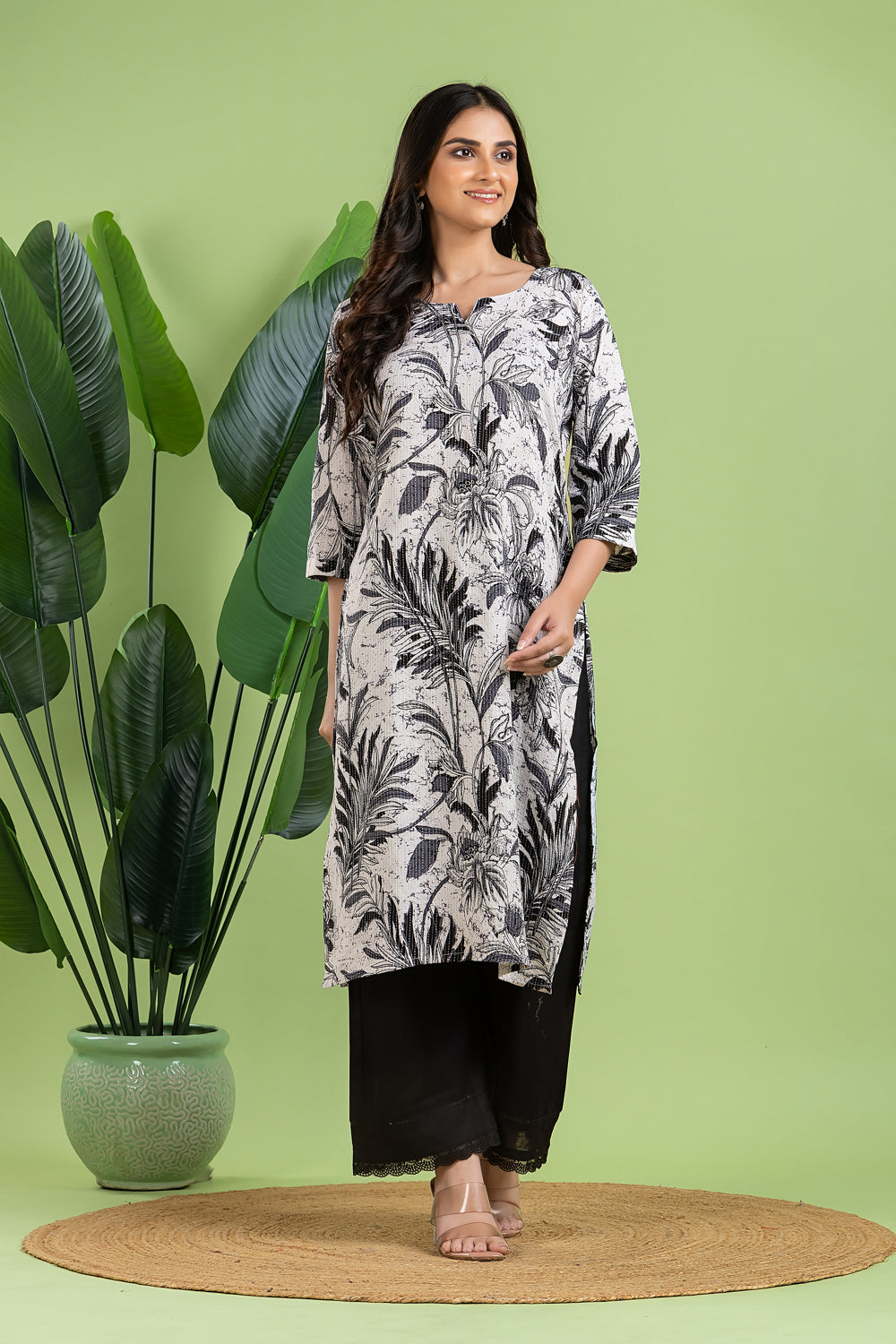 Black & White Leaf Print Threadwork Kurta