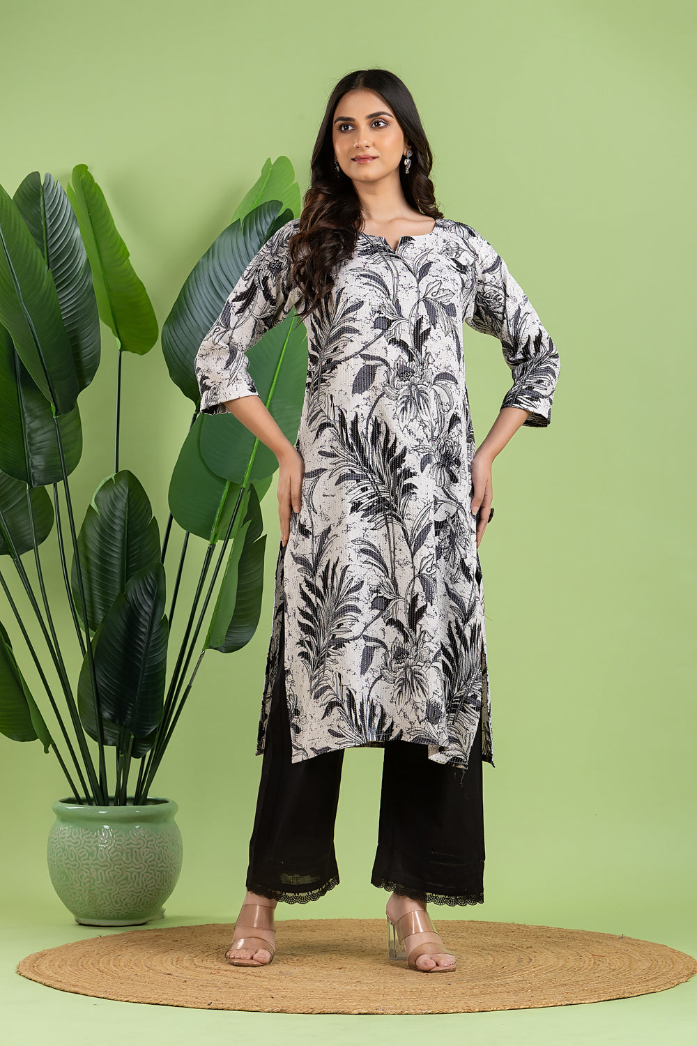Black & White Leaf Print Threadwork Kurta