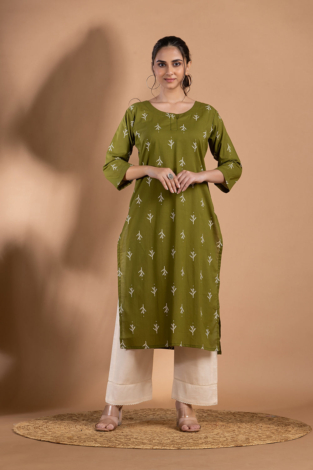 Olive Green leaf Print Kurta