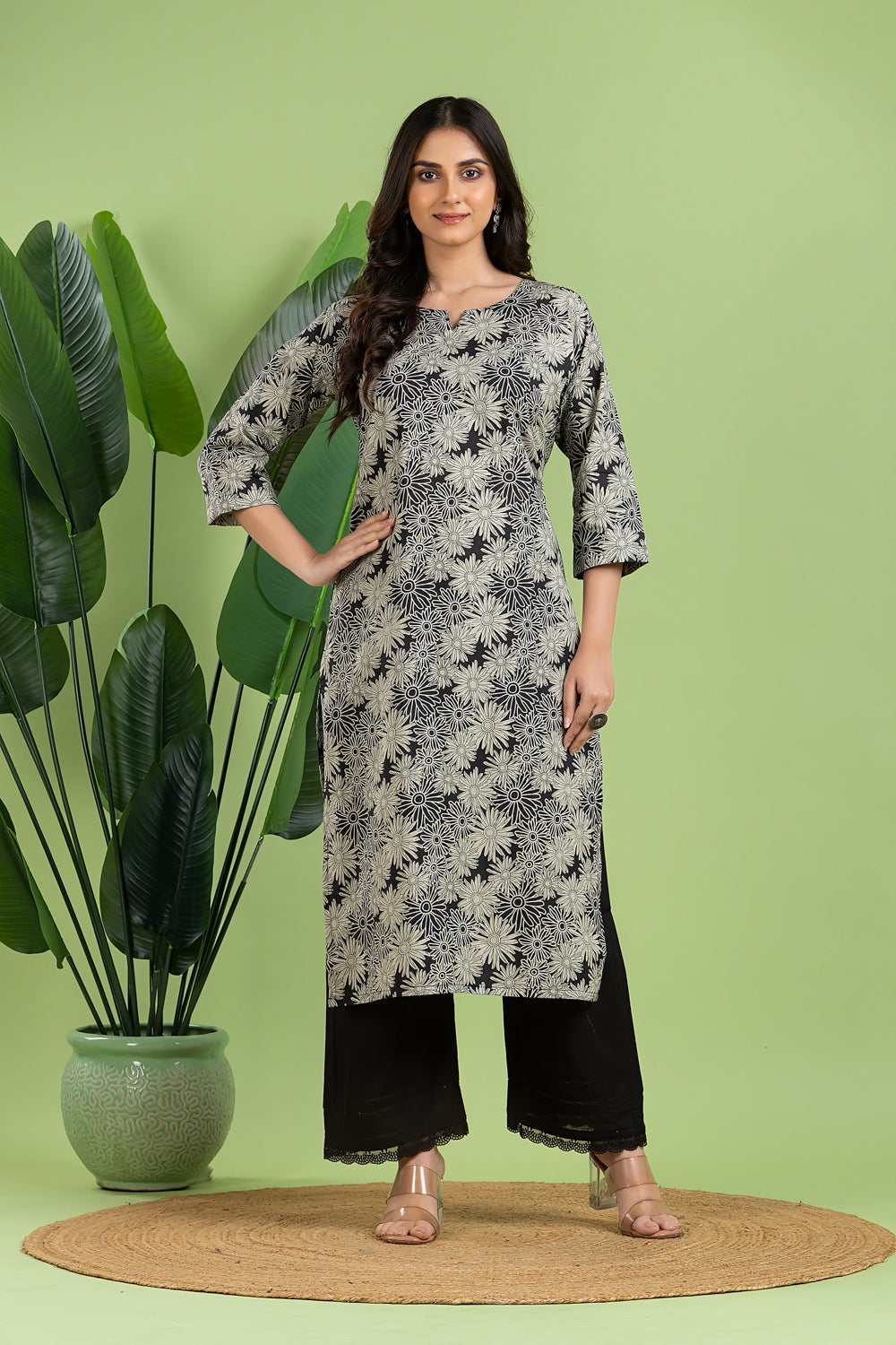Black & Grey Dahlia Print Kurta