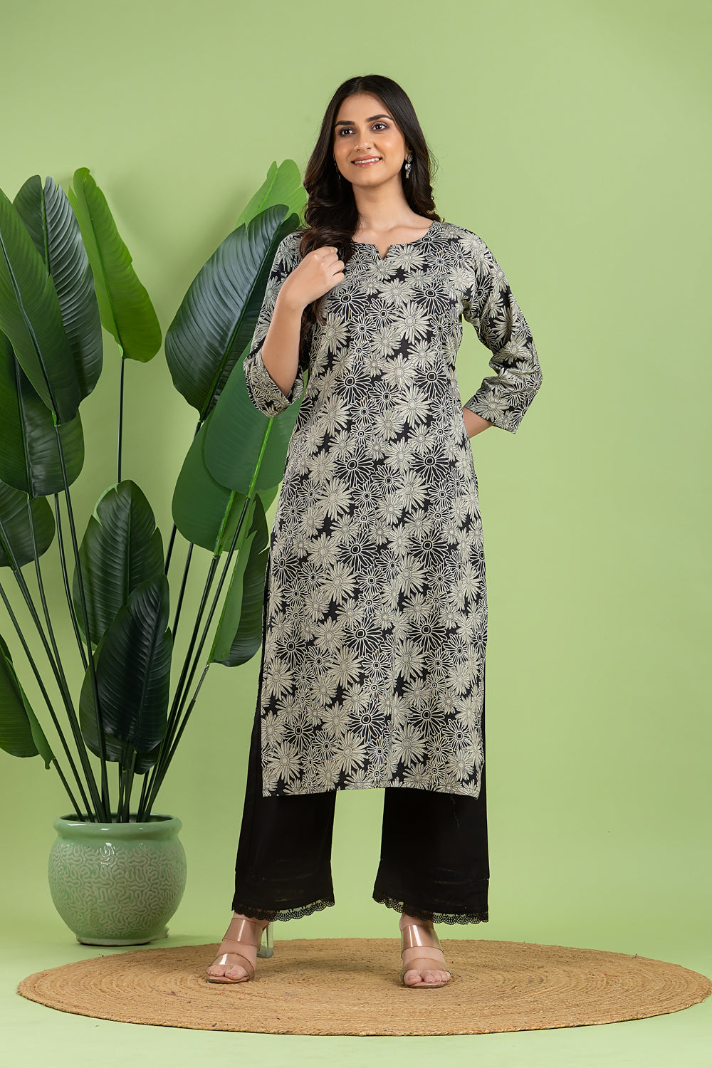 Black & Grey Dahlia Print Kurta