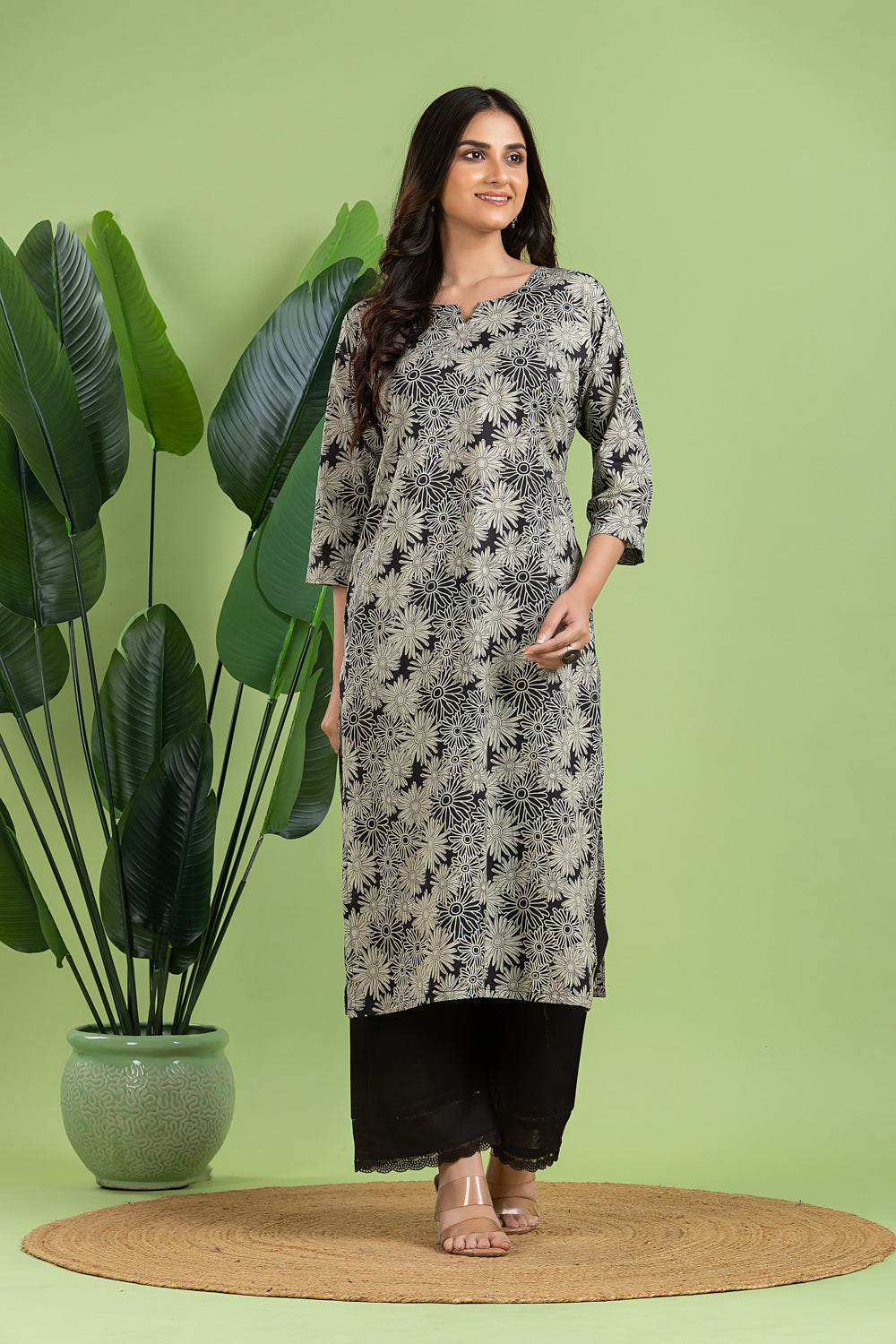 Black & Grey Dahlia Print Kurta