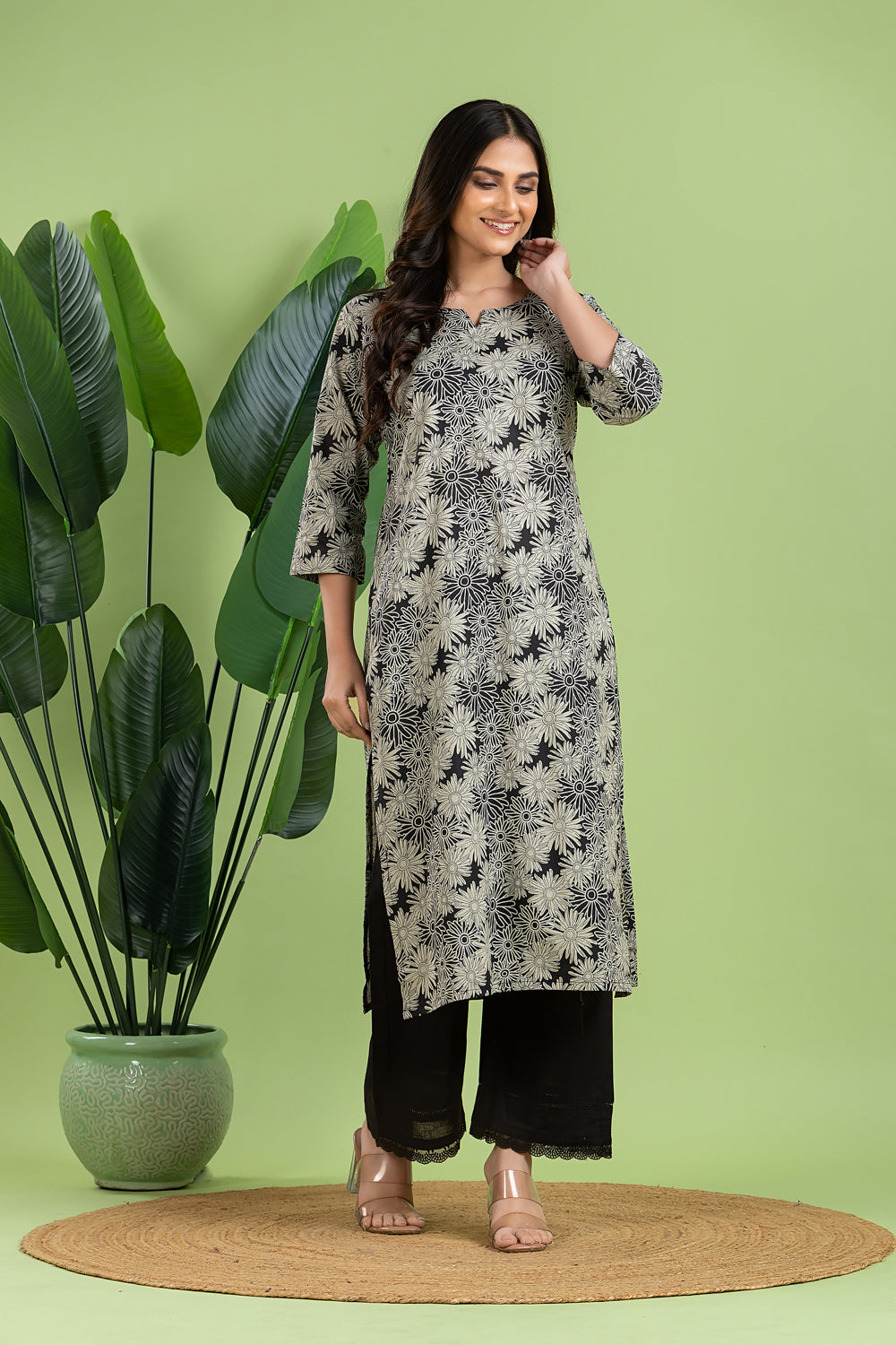 Black & Grey Dahlia Print Kurta