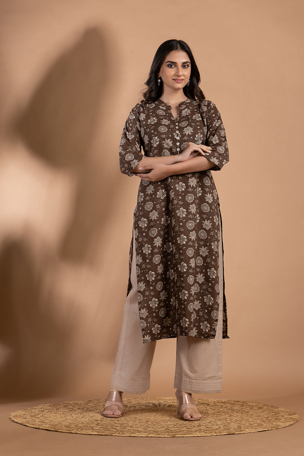 Grey Brown Floral Print Kurta