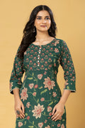 Dark Green Floral Print Threadwork Kurta