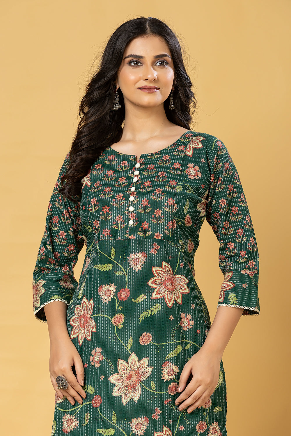 Dark Green Floral Print Threadwork Kurta