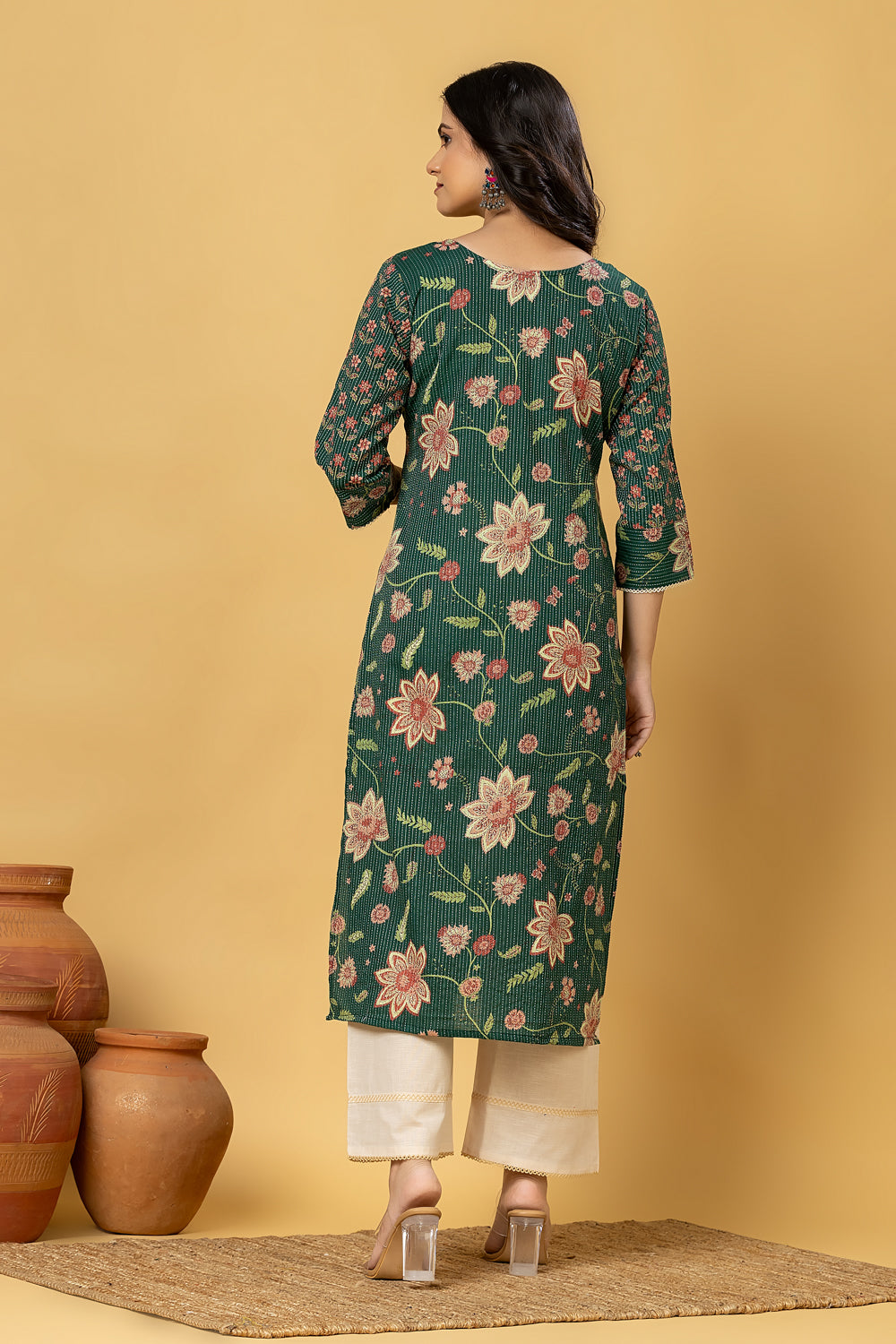 Dark Green Floral Print Threadwork Kurta