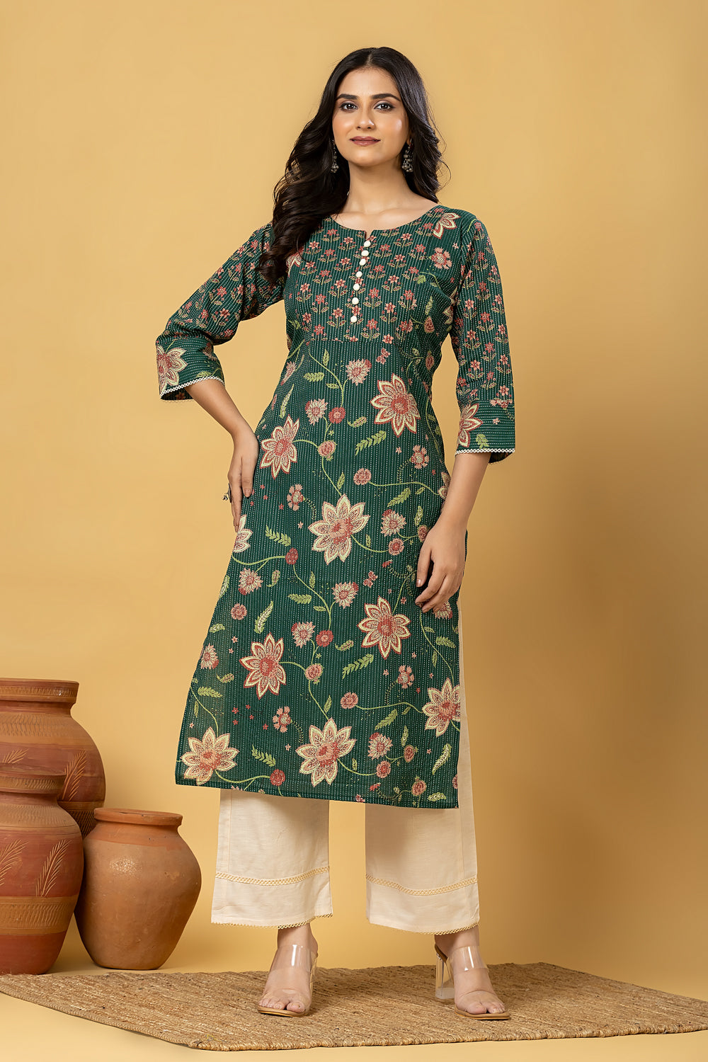 Dark Green Floral Print Threadwork Kurta
