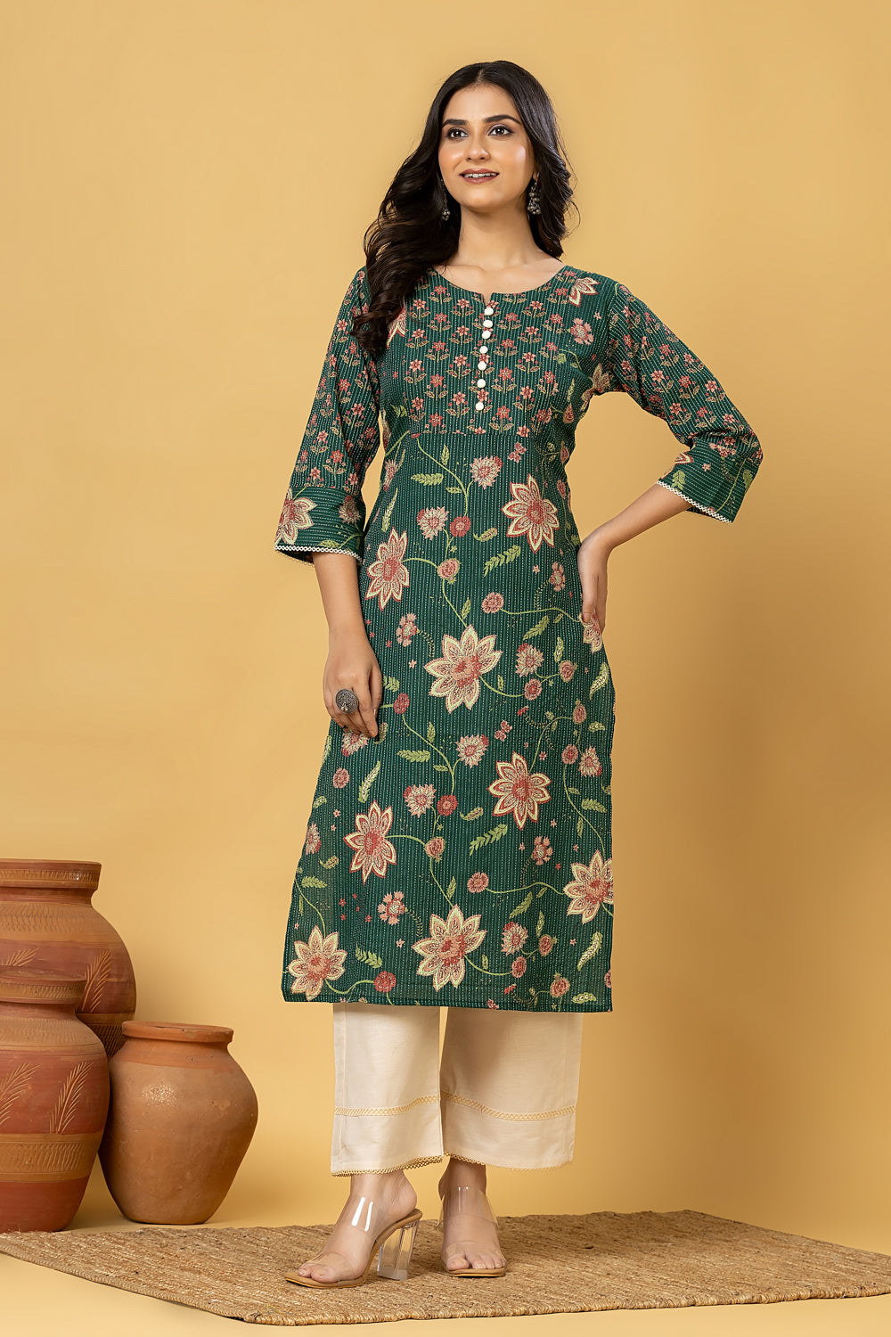 Dark Green Floral Print Threadwork Kurta