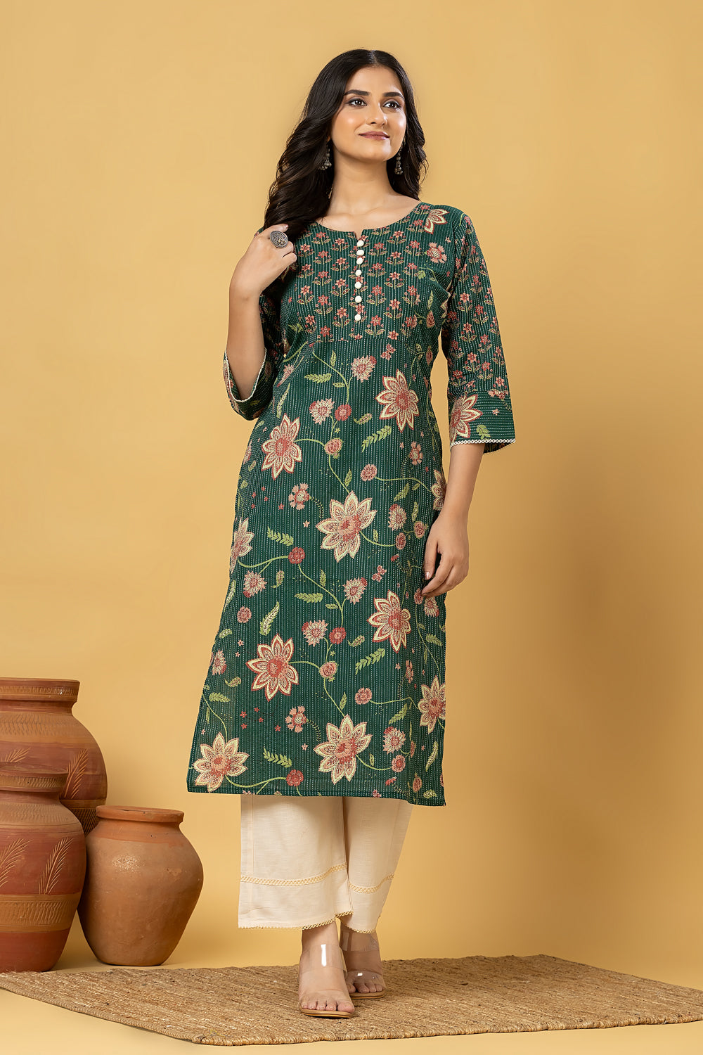 Dark Green Floral Print Threadwork Kurta