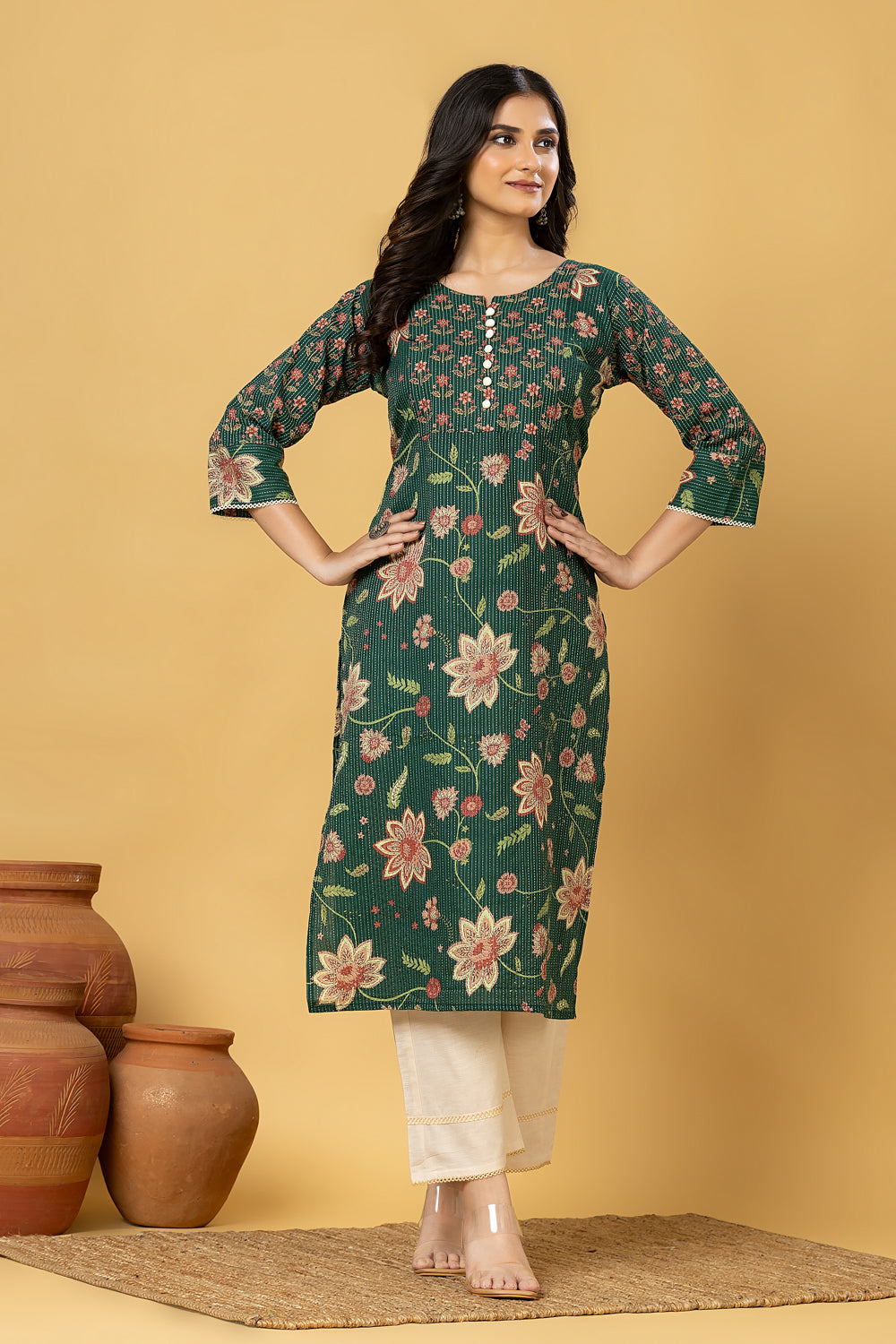 Dark Green Floral Print Threadwork Kurta