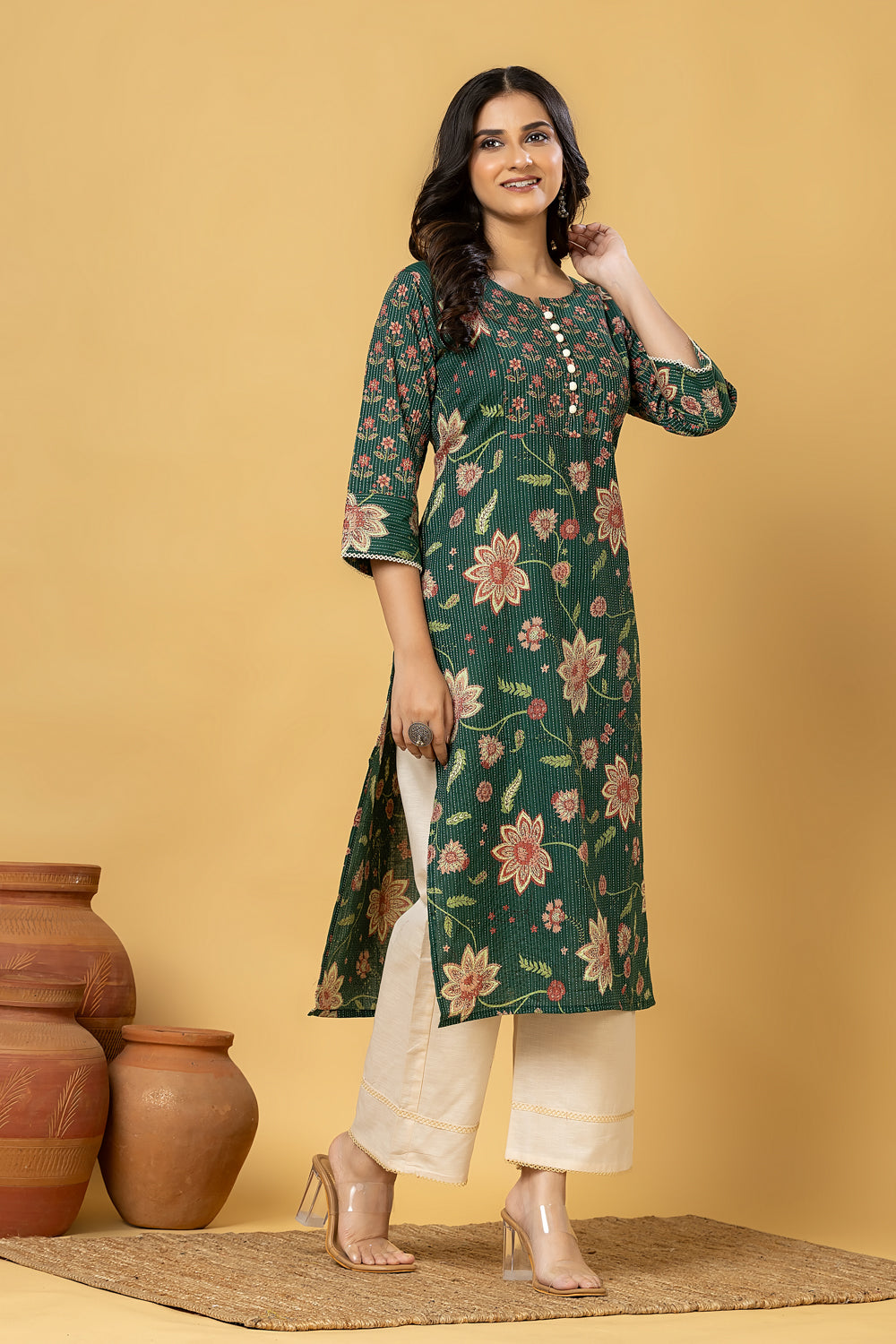 Dark Green Floral Print Threadwork Kurta