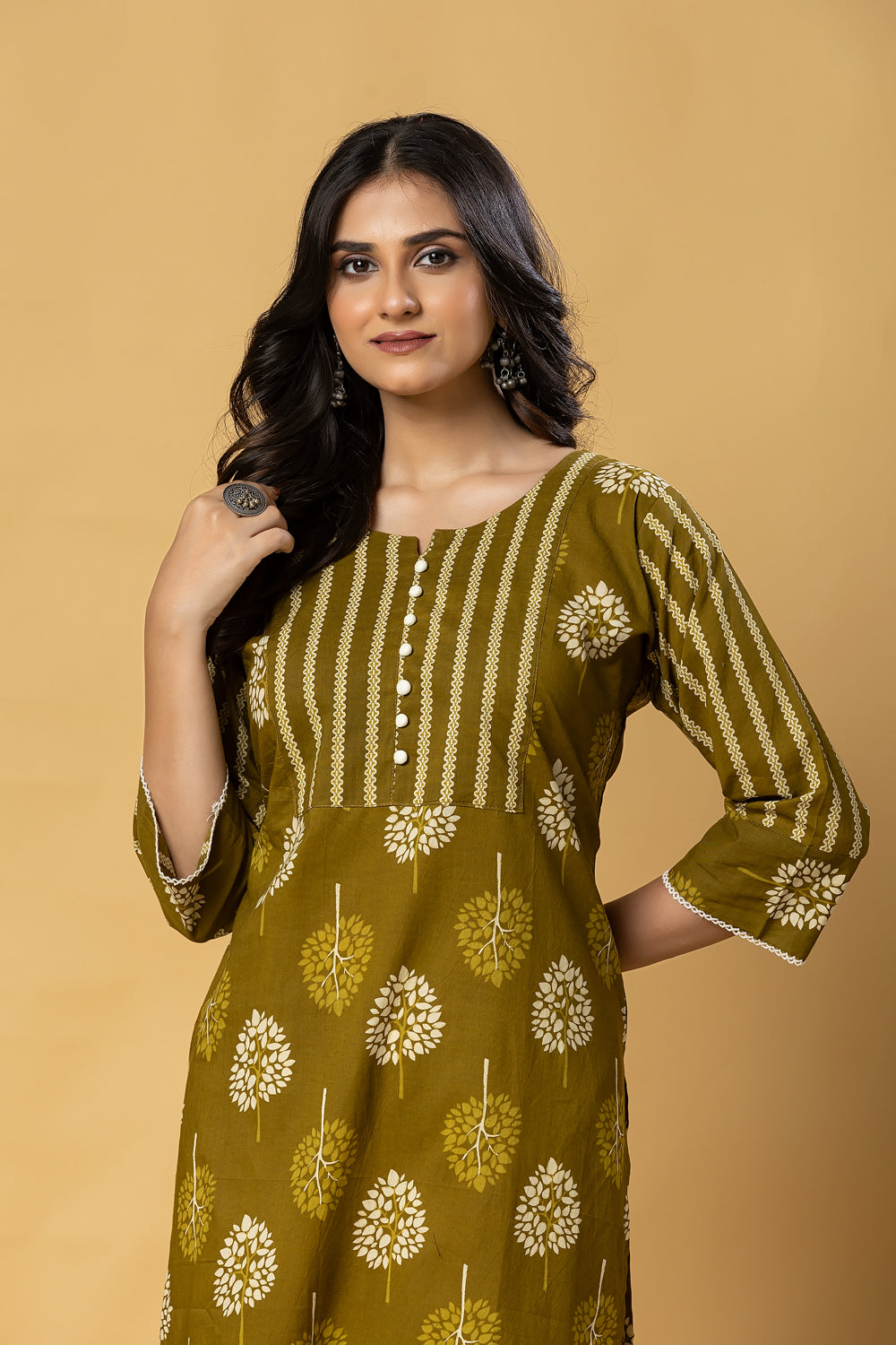 Olive Green Floral Print Kurta