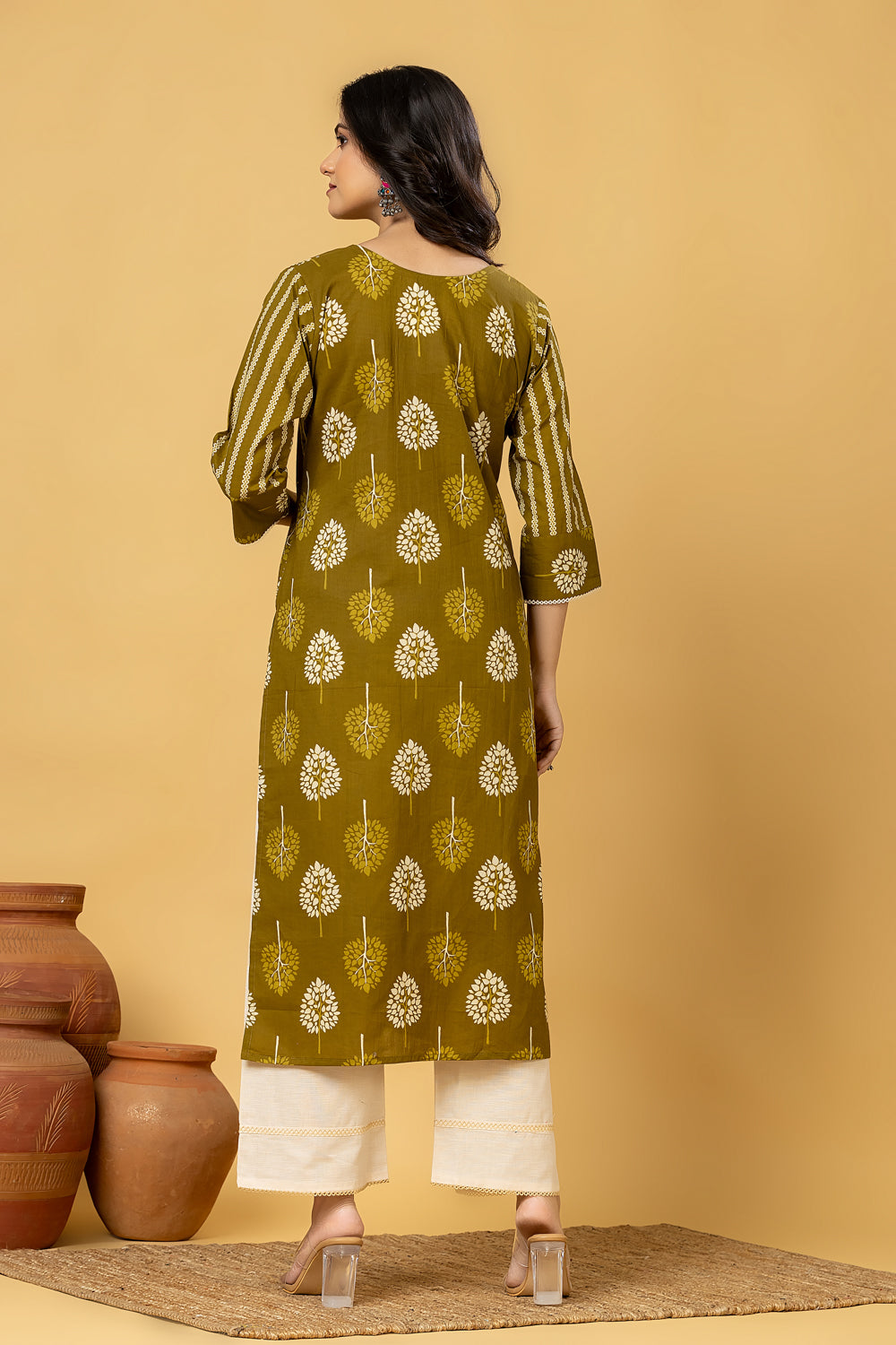 Olive Green Floral Print Kurta