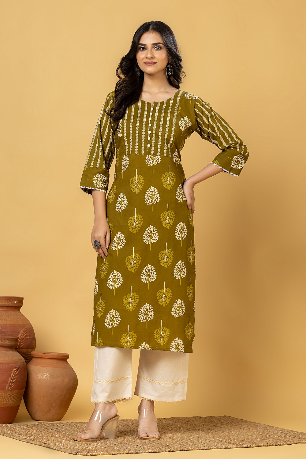 Olive Green Floral Print Kurta