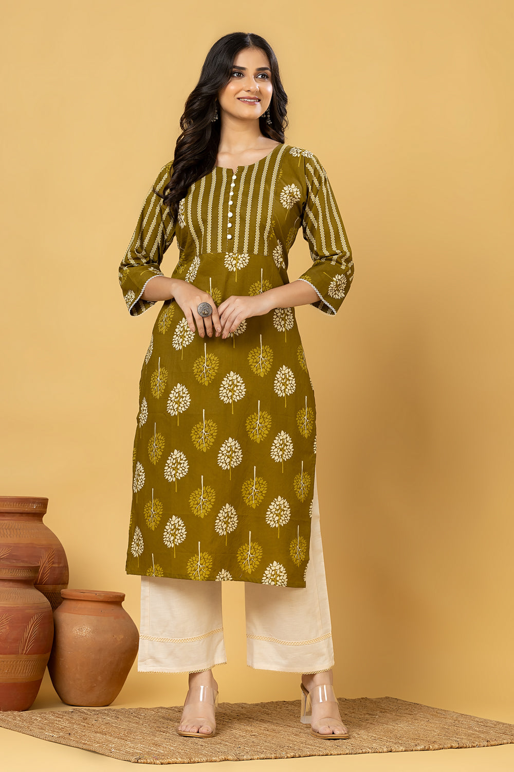 Olive Green Floral Print Kurta