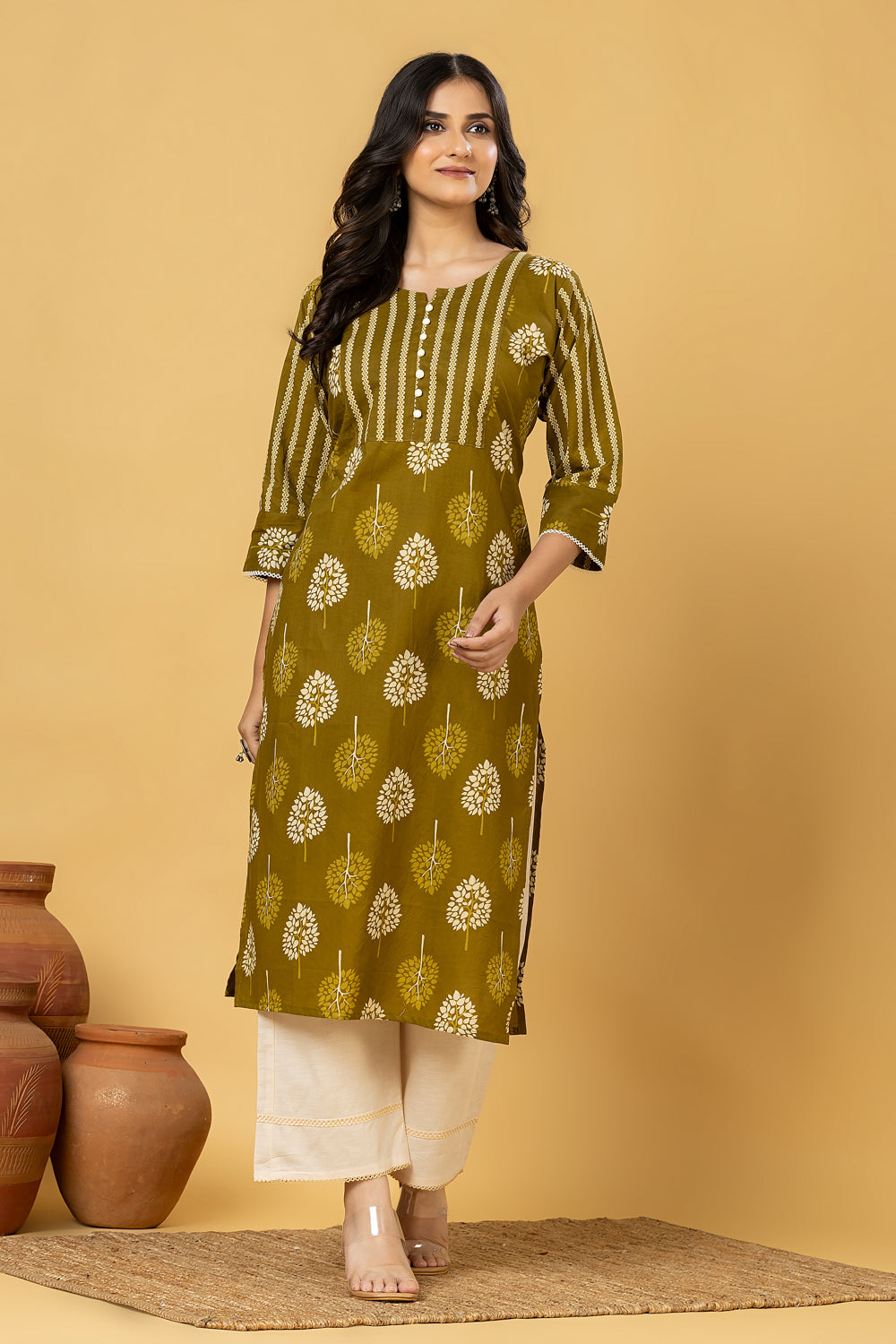 Olive Green Floral Print Kurta