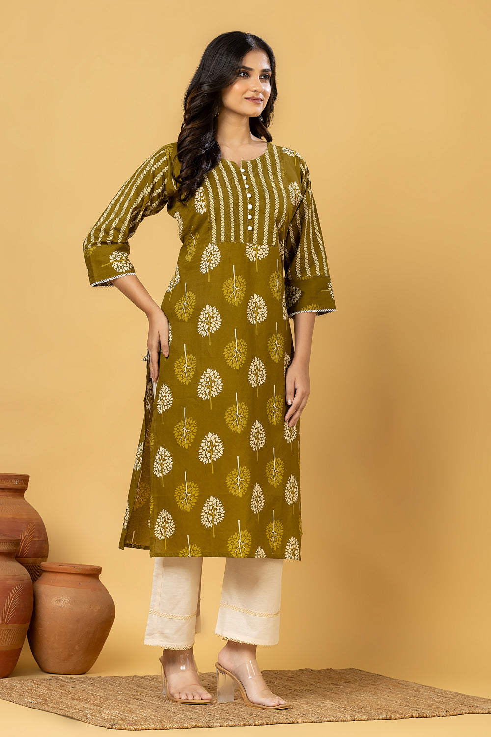 Olive Green Floral Print Kurta