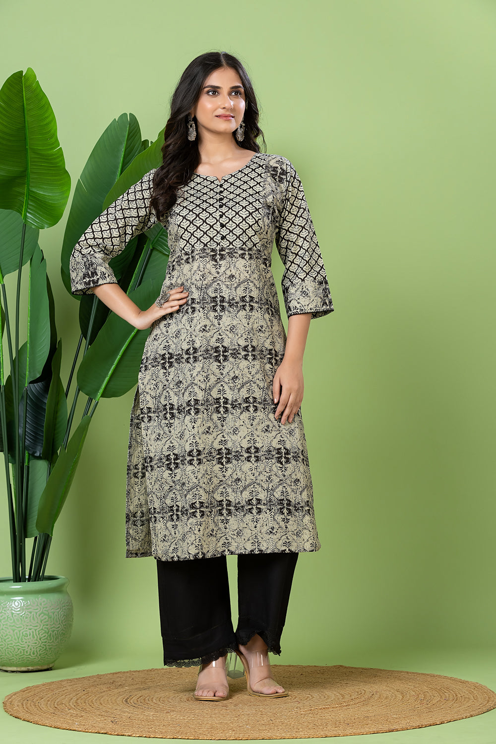 Grey Black Abstract Floral Print Kurta