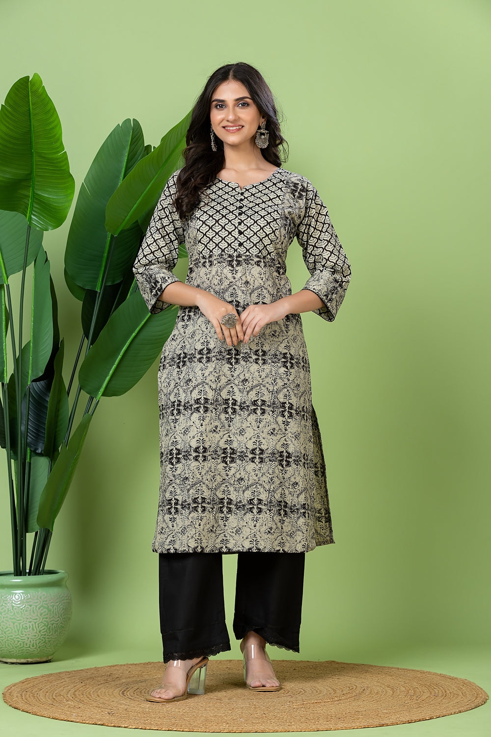 Grey Black Abstract Floral Print Kurta