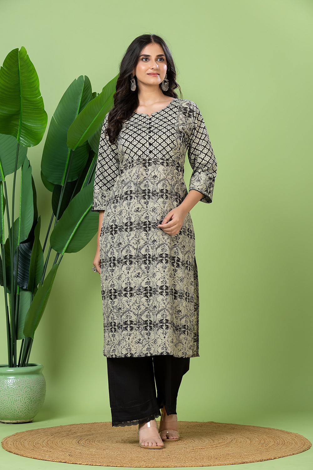 Grey Black Abstract Floral Print Kurta
