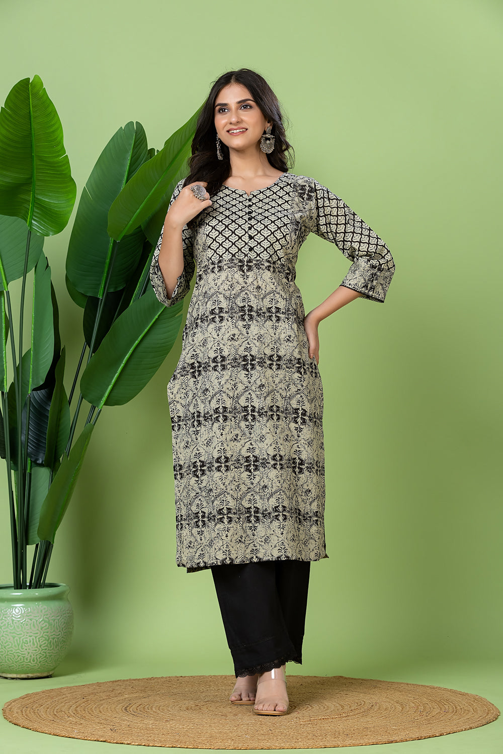 Grey Black Abstract Floral Print Kurta
