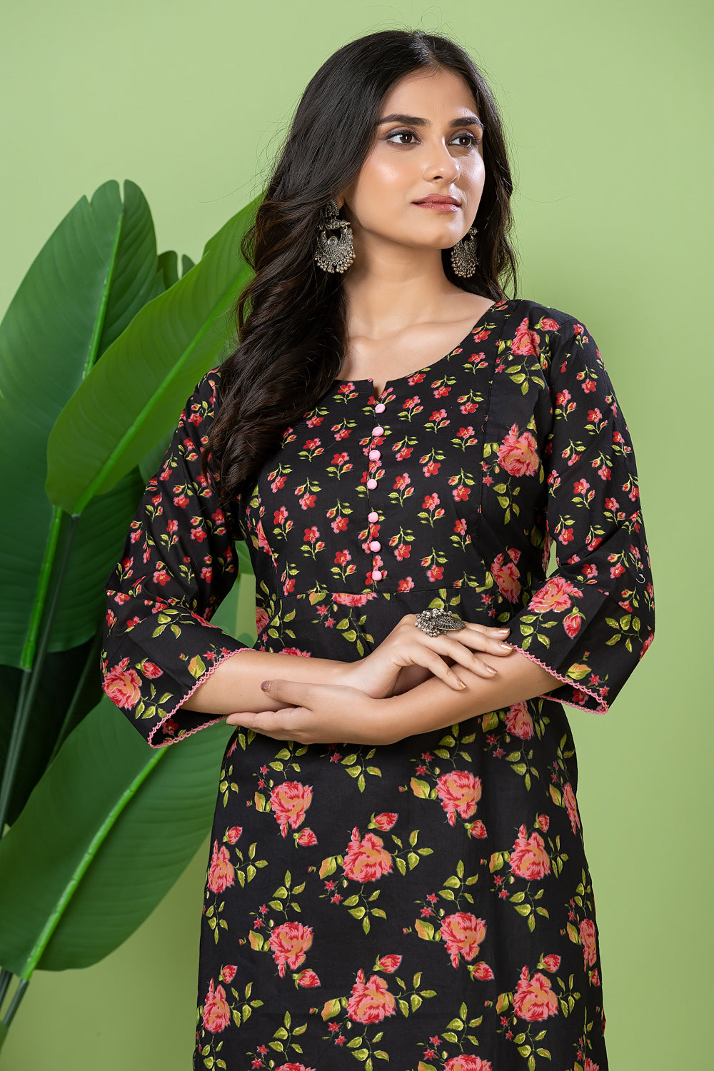 Black & Pink Floral Print Kurta