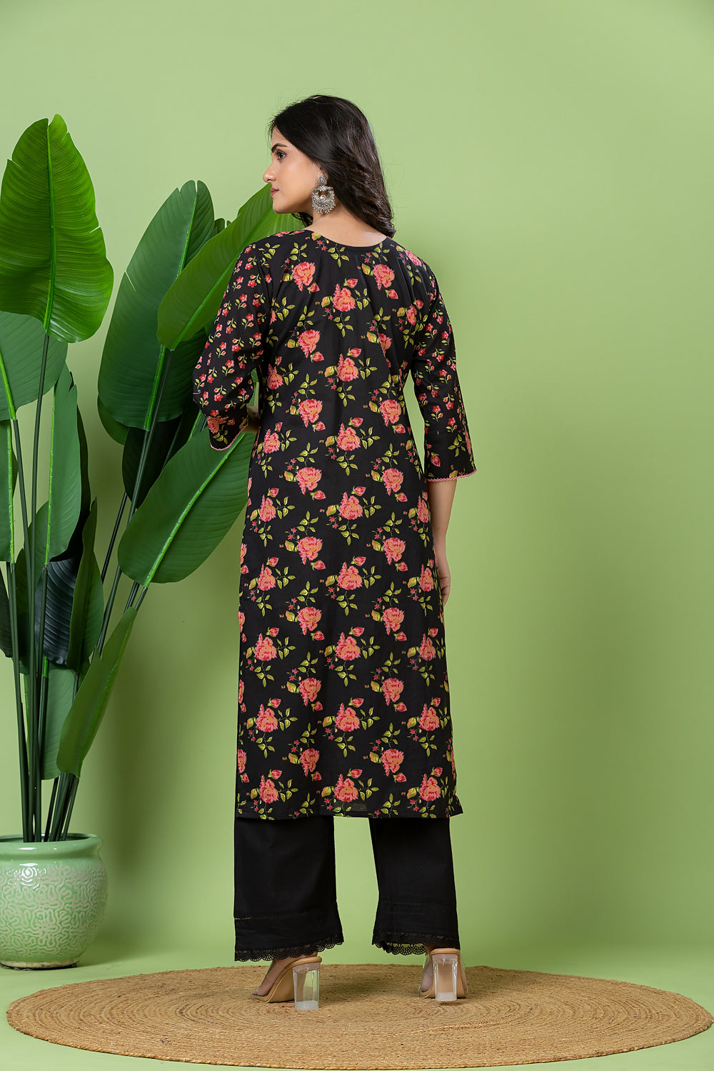 Black & Pink Floral Print Kurta