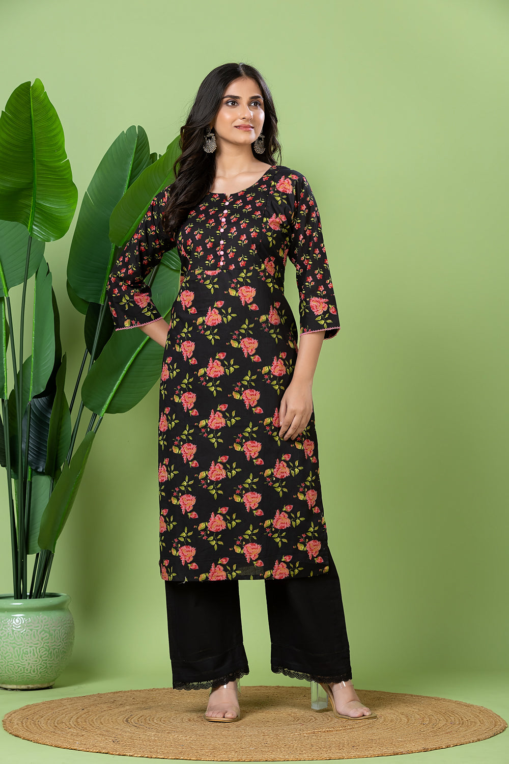 Black & Pink Floral Print Kurta