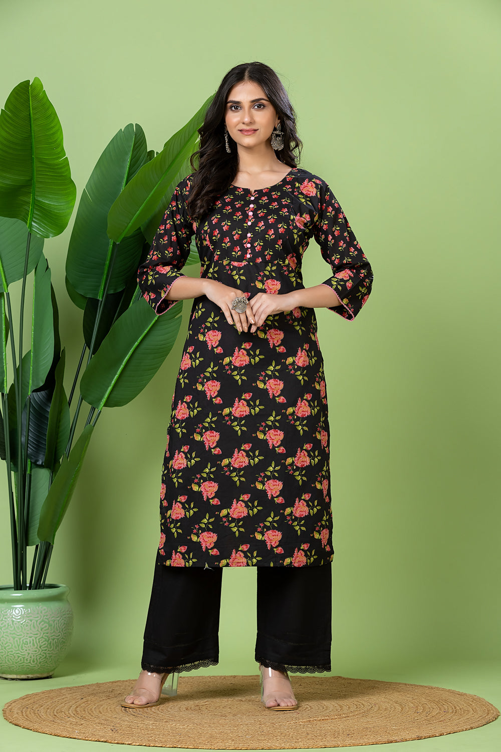 Black & Pink Floral Print Kurta
