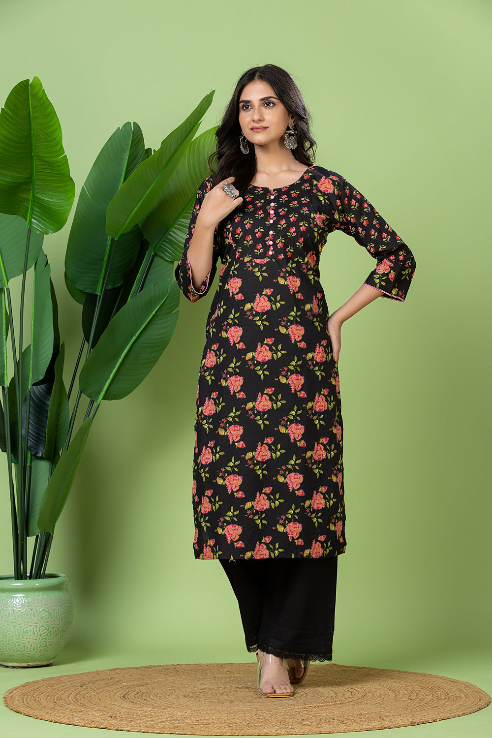 Black & Pink Floral Print Kurta